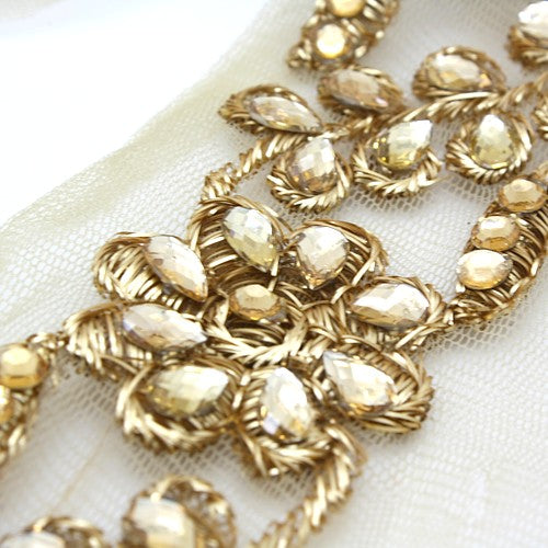 GOLD RHINESTONE FLORAL MESH TRIM - sarahi.NYC