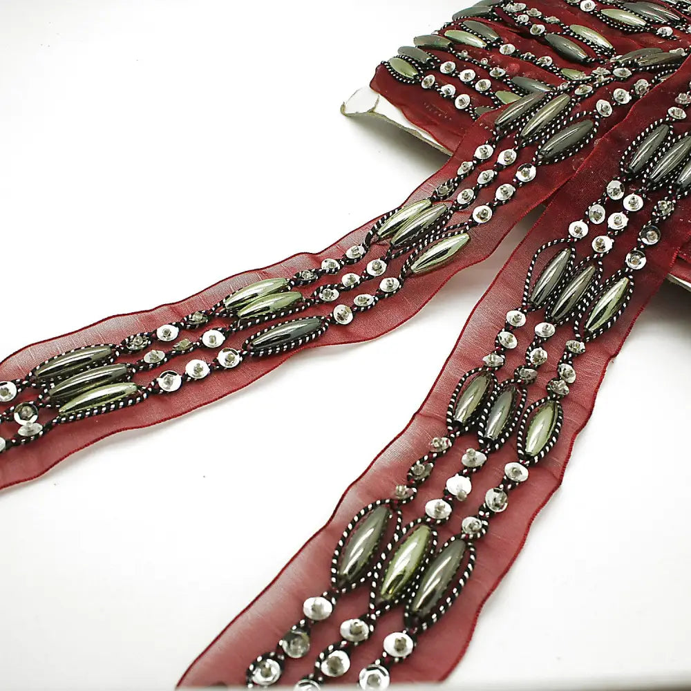 Maroon Ribbon Beaded Trim - Sarahi.nyc Fabric Trims