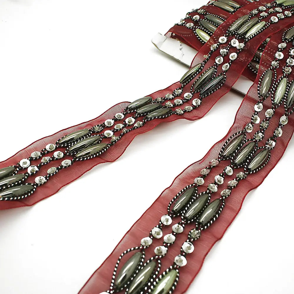 Maroon Ribbon Beaded Trim - Sarahi.nyc Fabric Trims