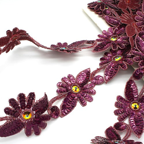 MAROON SEQUIN FLOWER TRIM - sarahi.NYC