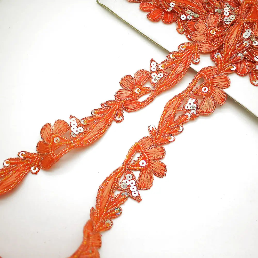 Orange Floral Sequin Beaded Trim - Sarahi.nyc Fabric Trims