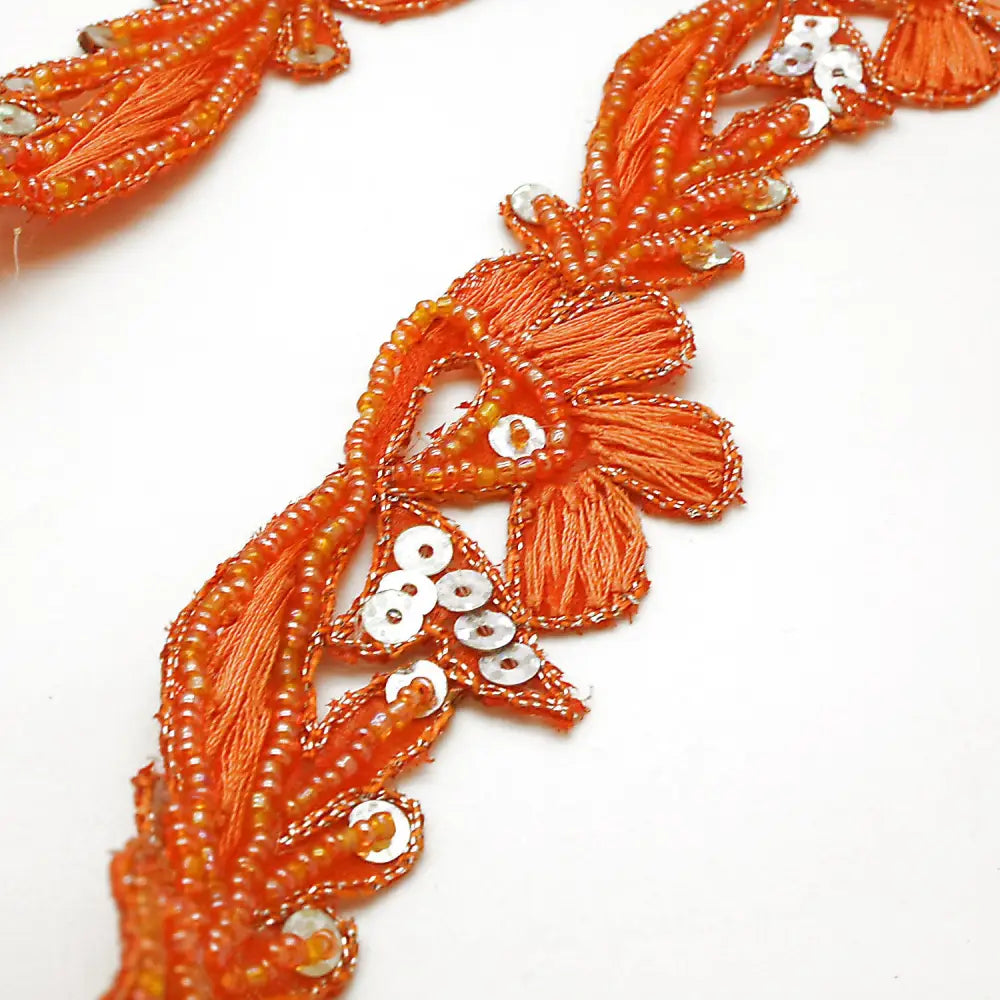 Orange Floral Sequin Beaded Trim - Sarahi.nyc Fabric Trims