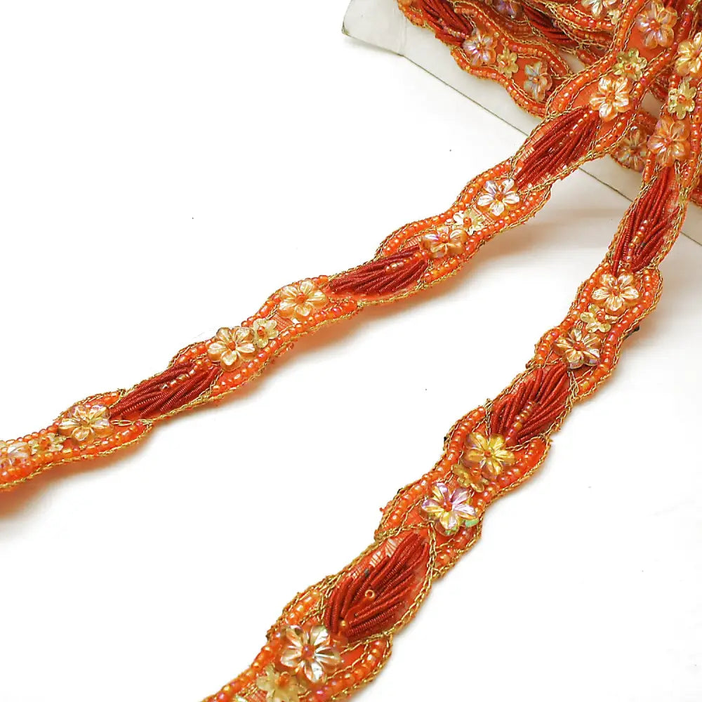 Orange Flower Beaded Trim - Sarahi.nyc Fabric Trims