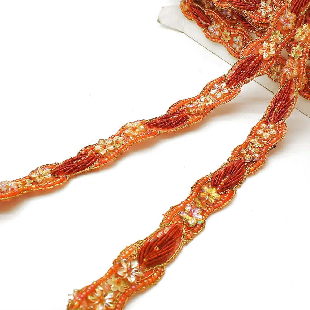 Orange Flower Beaded Trim - Sarahi.nyc Fabric Trims