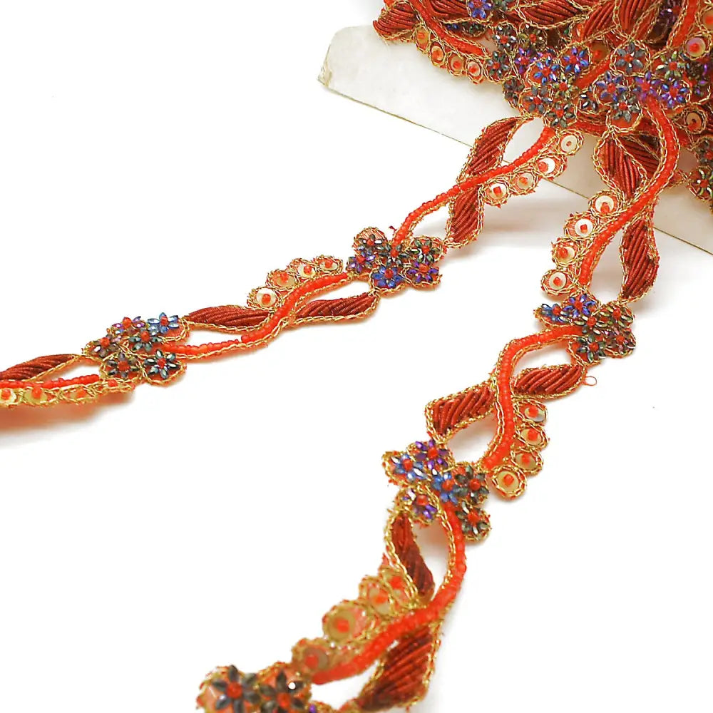 Orange Purple Floral Beaded Trim - Sarahi.nyc Fabric Trims