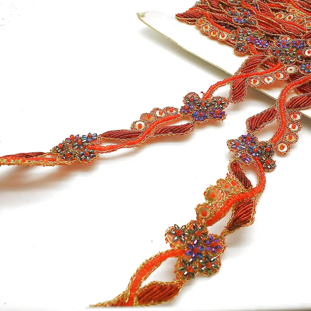 Orange Purple Floral Beaded Trim - Sarahi.nyc Fabric Trims