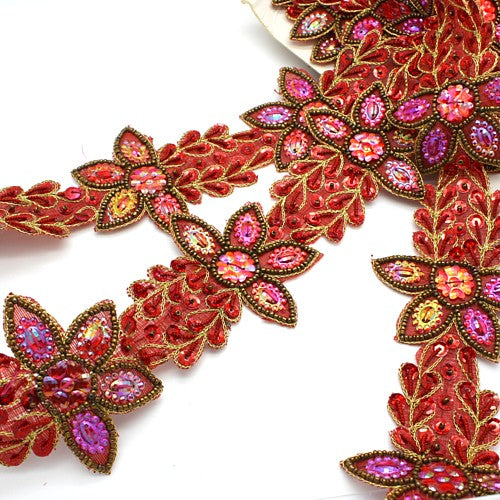 RED MAROON WILD FLOWER GEM TRIM - sarahi.NYC