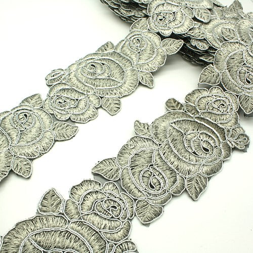 SILVER BLACK ROSE EMBROIDERY TRIM - sarahi.NYC