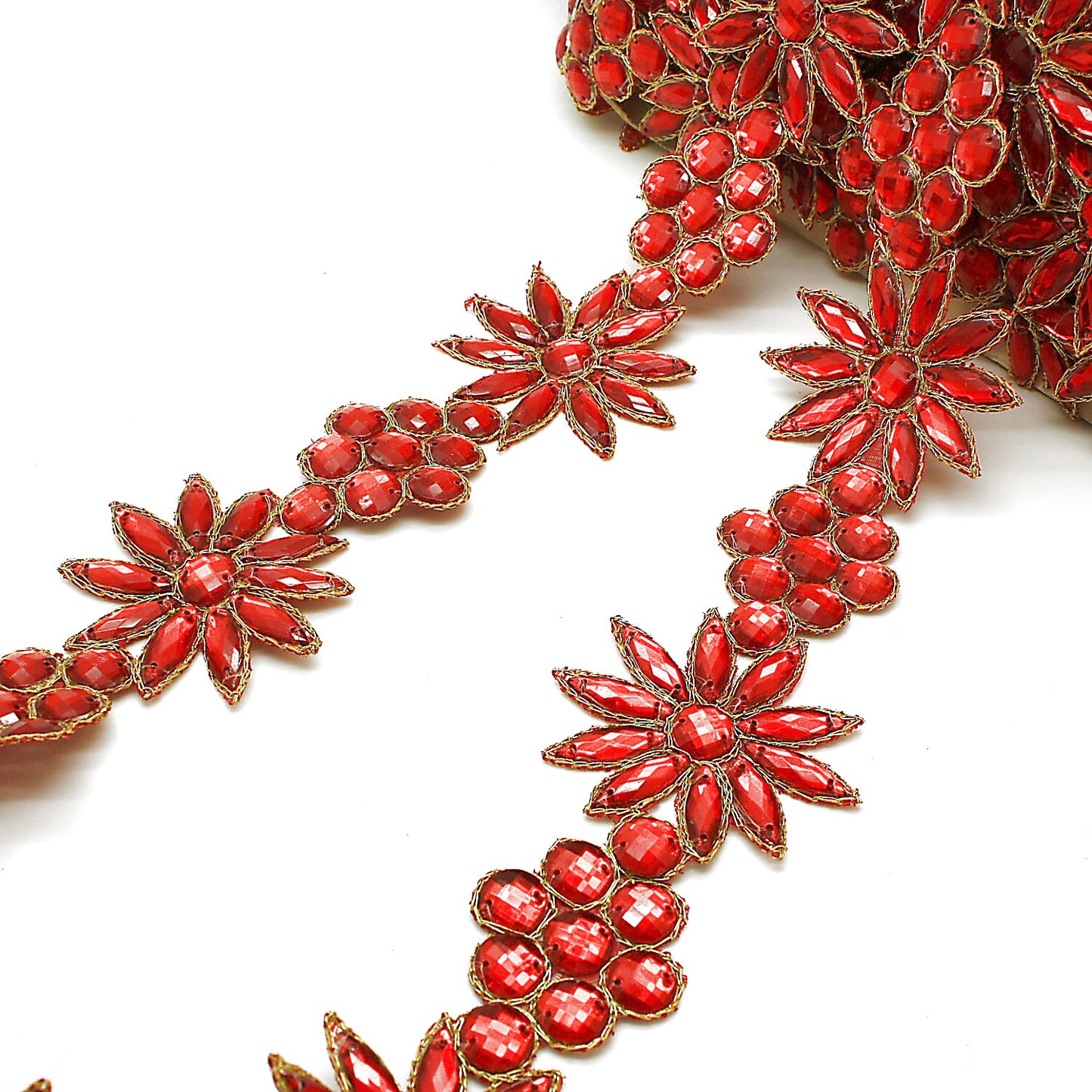 RED FLORAL RHINESTONE TRIM - sarahi.NYC