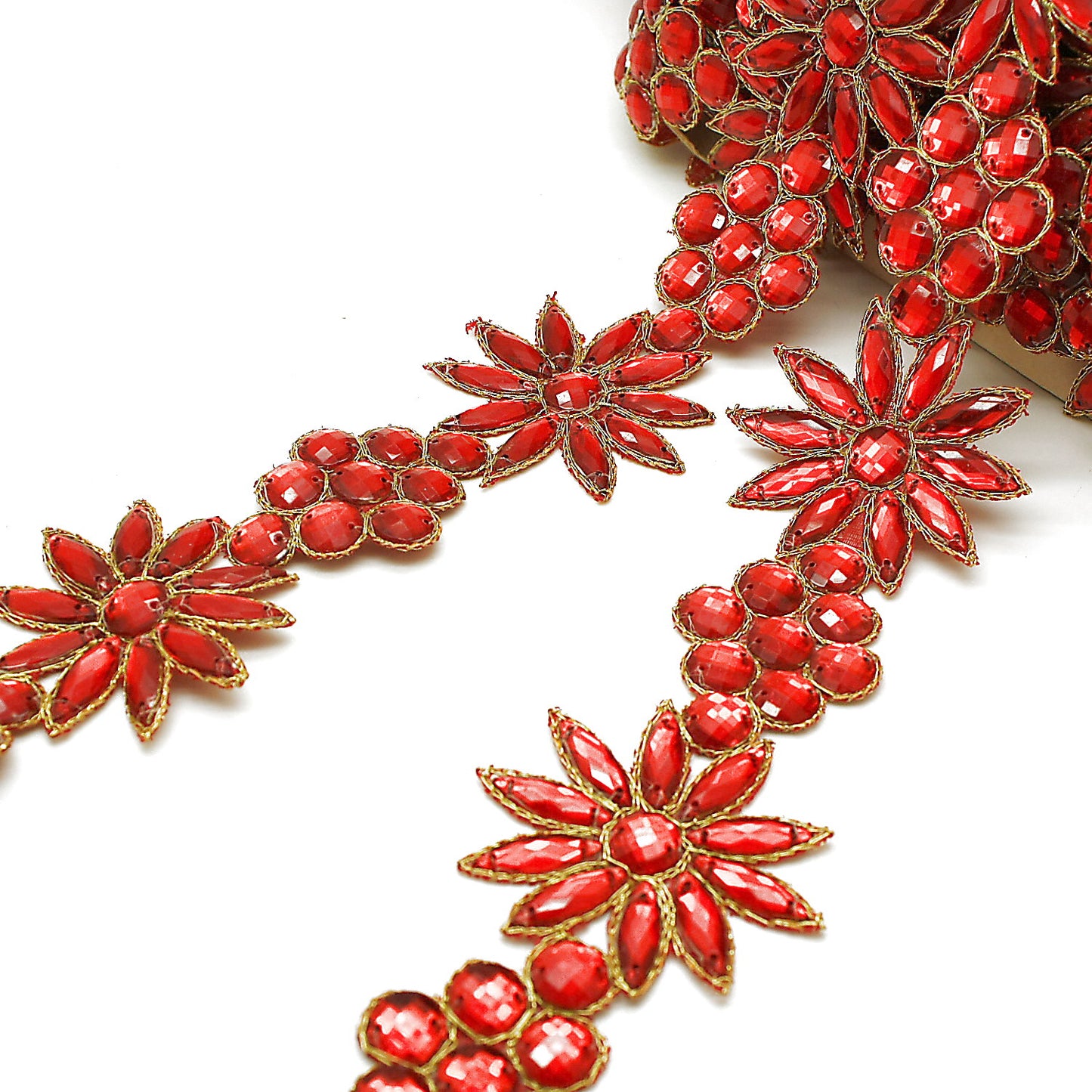 RED FLORAL RHINESTONE TRIM - sarahi.NYC