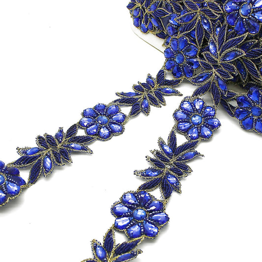 BLUE FLORAL RHINESTONE TRIM - sarahi.NYC