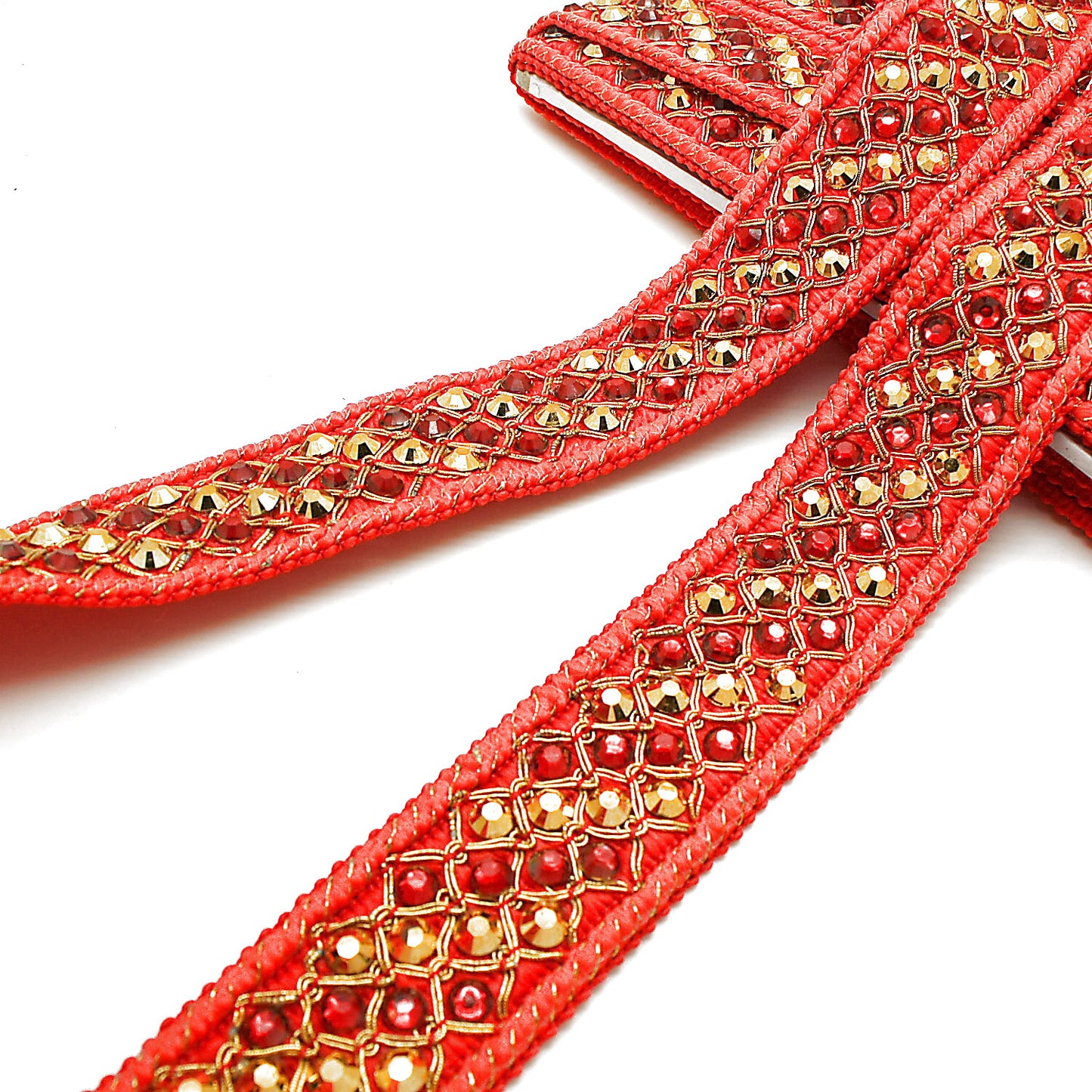 RED GOLD WOVEN RHINESTONE TRIM - sarahi.NYC