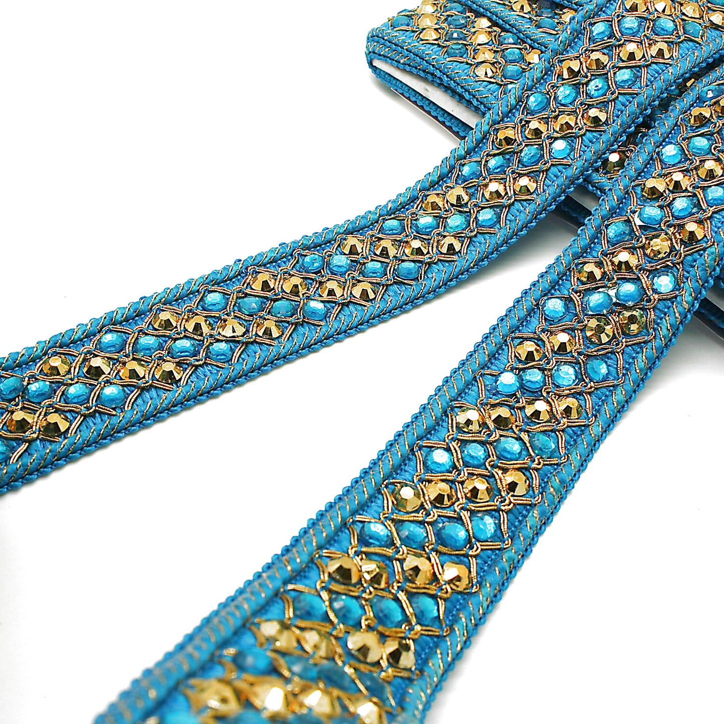 TURQUOISE GOLD WOVEN RHINESTONE TRIM - sarahi.NYC